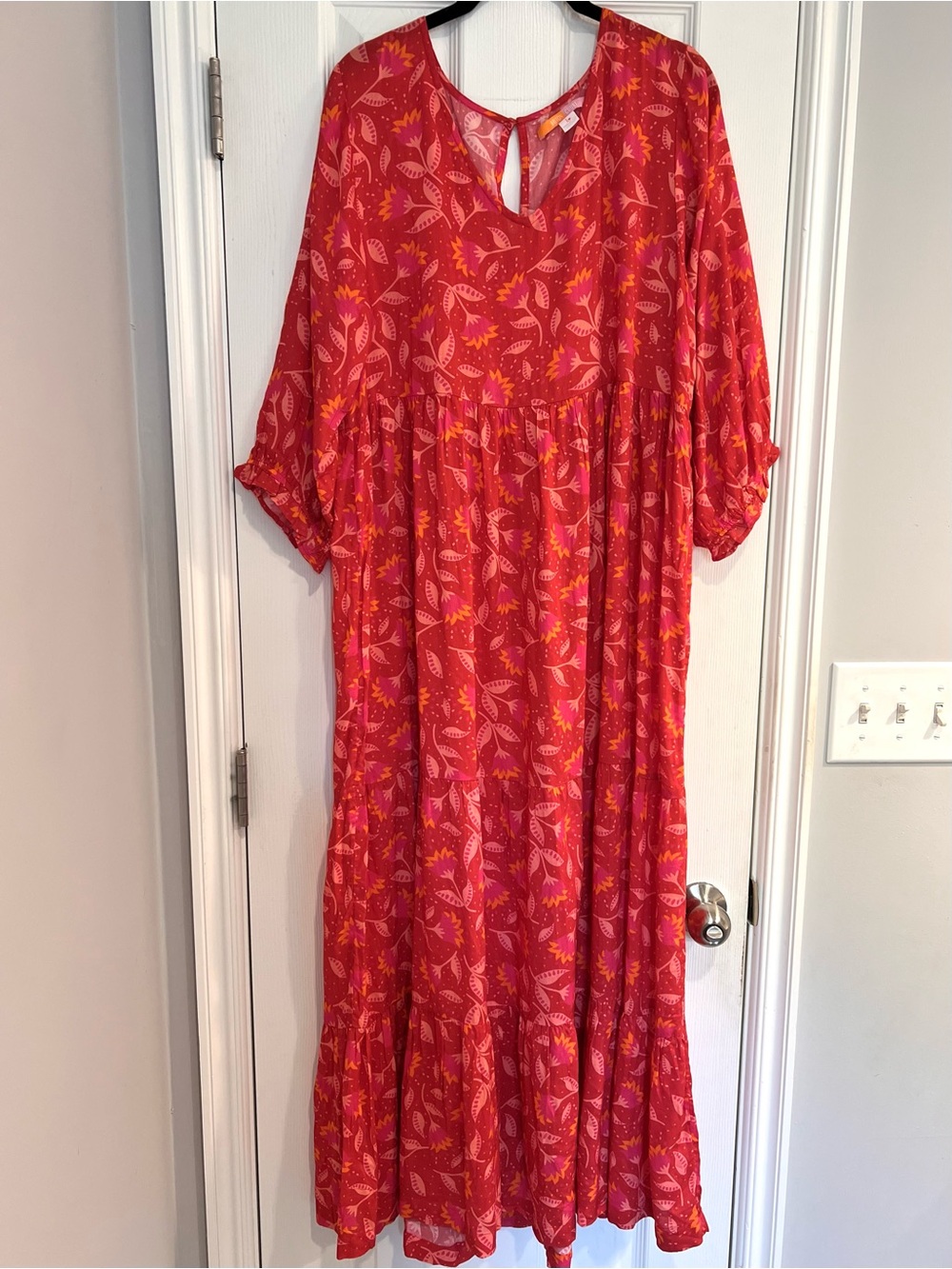Briton Court Red Floral Maxi Dress with Pink and Orange Leaf Print Large Modal